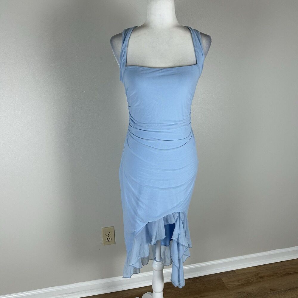 Mesh Blue Midi Dress Ruffle Bodycon Size M Light Y2K Fairy Wedding Party Guest